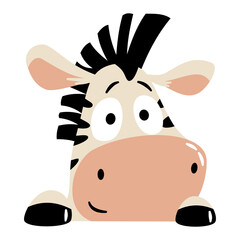 Obraz premium A cute zebra peeks out from behind a wall. A flat vector illustration in a simple, child-friendly style . Vector illustration