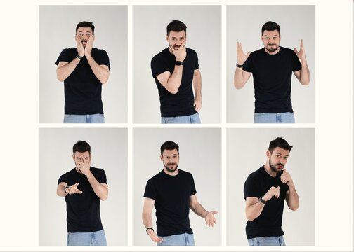 Set of 6 frames showing various emotional expressions and body language of a young Caucasian 35-38 years old man with dark beard in black t-shirt and jeans, studio shot, emotions map.