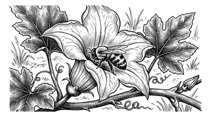 Vintage woodcut honey bee pollinating pumpkin flower, botanical engraving of bumblebee on squash blossom, hand drawn garden insect vector © sajida