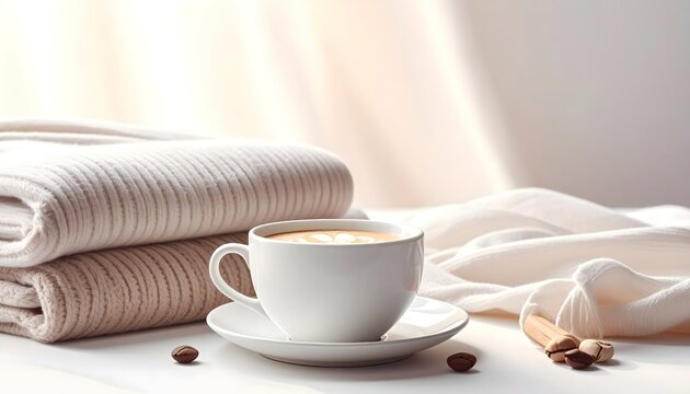 Taza de caf&eacute; sobre plato blanco con toalla doblada y tela suave en ambiente luminoso de descanso y bienestar