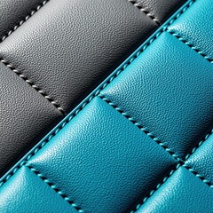 Obraz premium Close up view of luxury vegan leather surface with grey, blue geometric stitching. Synthetic textile material shows detailed grain pattern, soft texture. Modern interior design element features