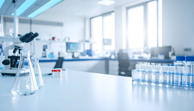 Laboratorio cient&iacute;fico moderno con material de vidrio, microscopio y tubos de ensayo en ambiente de investigaci&oacute;n