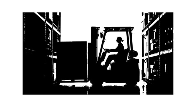 Silhouette of a forklift driver moving a heavy cargo pallet in a large industrial warehouse during a busy workday shift Vector