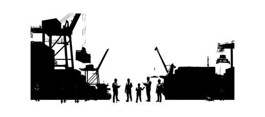 Obraz premium Black silhouette of harbor workers and cranes at a busy shipping port terminal Vector