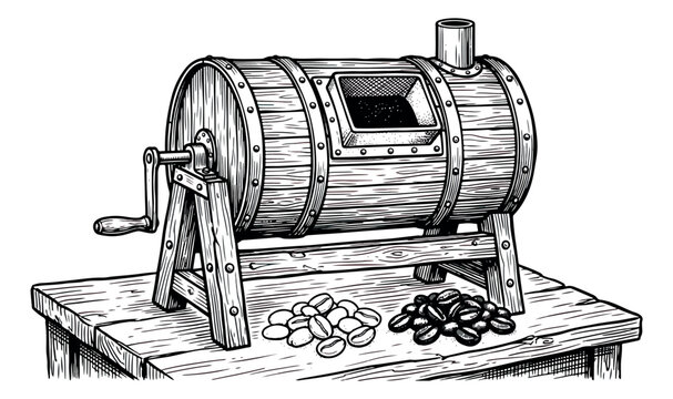 Vintage coffee roaster machine illustration, antique wooden barrel drum for roasting coffee beans, retro hand-cranked coffee equipment vector