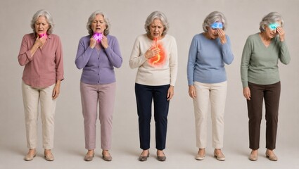 Obraz premium Senior woman experiencing various physical symptoms highlighted with glowing anatomical zones. Concept of aging, health issues, chronic pain, and medical diagnosis in elderly patient.