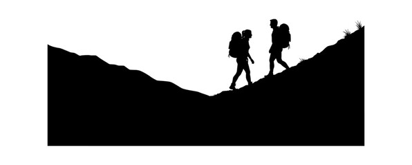 Obraz premium Silhouette of a man and woman hiking up a mountain trail with backpacks Vector