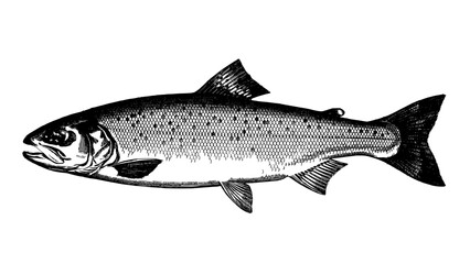 Naklejka premium Fish Illustration with Detailed Scales and Fins, Showcasing a Sleek Body and Streamlined Design in Black and White