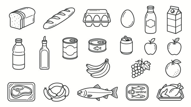 Essential Grocery Food Line Icons Set with Bread, Milk, Eggs, Fruits, Meat, Fish and Beverage Outline Vector Collection