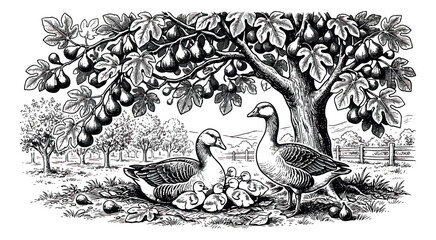 Vintage woodcut illustration of geese and goslings under a fig tree, antique farm landscape with poultry and fruit orchard, black and white vector engraving © sajida