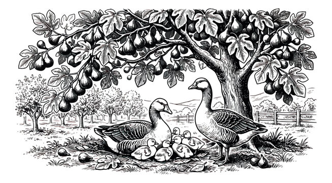 Vintage woodcut illustration of geese and goslings under a fig tree, antique farm landscape with poultry and fruit orchard, black and white vector engraving