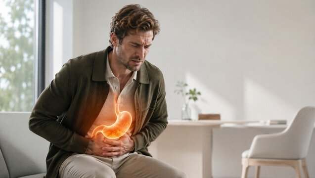 Man holding his stomach in pain with glowing stomach visualization. Suffering from abdominal discomfort, indigestion, gastritis or heartburn. Medical health concept for pharmacy advertisement.
