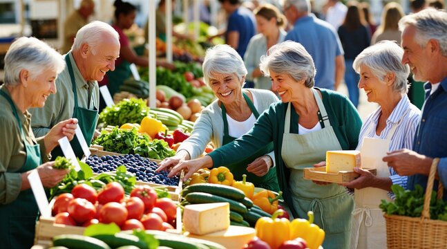 Happy senior group shops at local farmers market. Elderly friends buy fresh vegetables, fruits. Smiling retired men, women pick organic food at outdoor stall. People enjoy healthy lifestyle together.