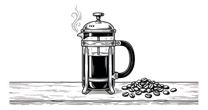 Vintage hand drawn french press coffee maker, classic woodcut style coffee brewer with roasted beans, rustic engraved cafe illustration