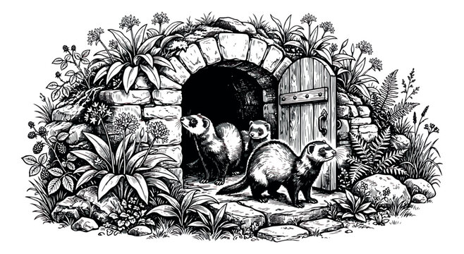 Vintage woodcut illustration of ferrets at a stone burrow entrance, whimsical polecat family in a garden den, black and white storybook animal art