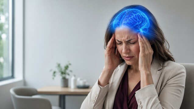 Woman suffering from migraine touching head with glowing blue brain hologram. Medical concept of headache, stress, neurological pain, and brain disorder. Health technology visualization.