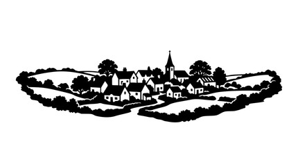 Obraz premium Minimalist rural village landscape silhouette with houses and church spire