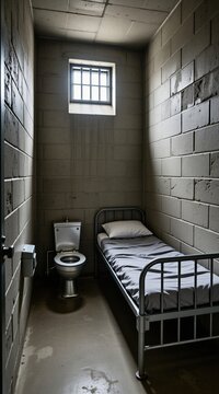 Small concrete prison cell with metal bed, toilet. Single window with bars lets light into gloomy room. Bare grey block walls show signs of decay. Interior environment suggests confinement, isolation