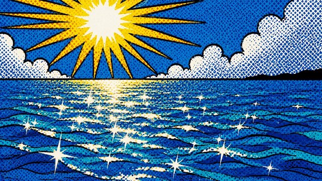 ポップアートスタイルで描かれた、太陽の光が水面に反射し輝く夏の海の風景イラスト