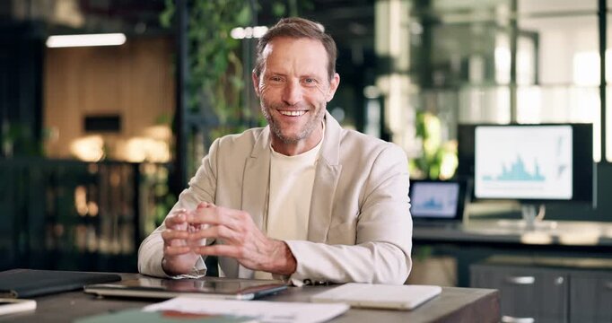 Face, smile and businessman in office for investment, about us and private equity analyst with pride. Happy, mature person and portrait of finance executive at work, experience or career integrity