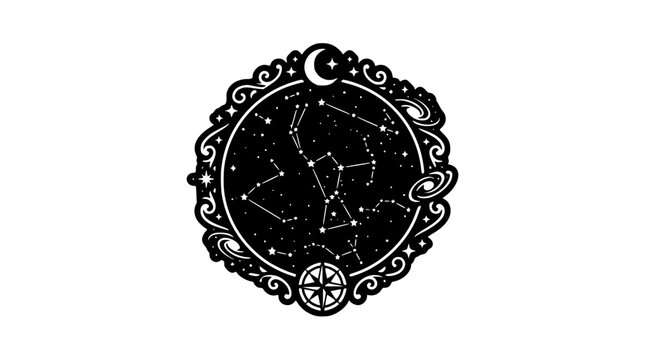 Mystical Constellation Map with Orion Crescent Moon and Compass