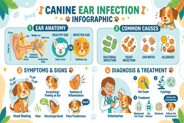 Fototapeta premium Veterinary canine ear infection infographic showing inflammation stages, microbial causes, treatments, recovery, and preventive healthcare education