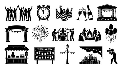 Fototapeta premium New Year Celebration Event Party Holiday Glyph Icon Set - Black and White Silhouette Collection