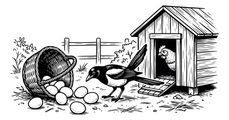 Vintage woodcut farm illustration, magpie bird stealing eggs from a wicker basket, rustic chicken coop with hen in a backyard garden scene © sajida