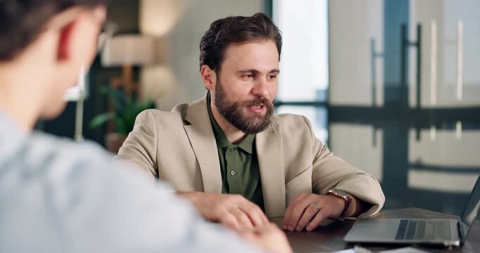 Laptop, discussion and men in office for meeting, budget increase or investment cost info. Review, teamwork or investor with manager for stocks inflation talk, tech and project expansion approval