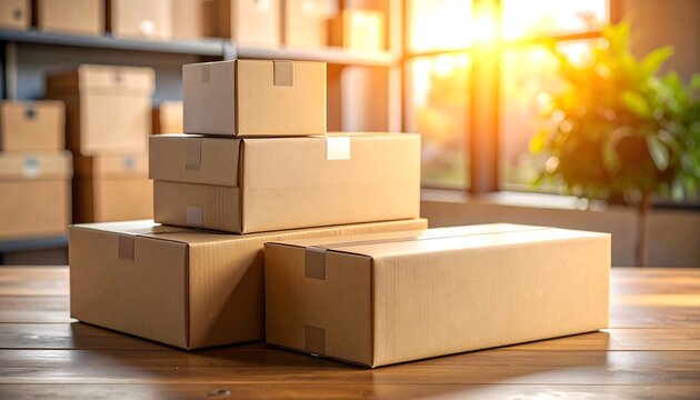 Cajas de cart&oacute;n apiladas en almac&eacute;n log&iacute;stico con luz c&aacute;lida en concepto de env&iacute;os, comercio electr&oacute;nico y distribuci&oacute;n