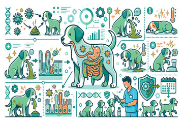 Fototapeta premium Educational canine parvovirus symptoms infographic explaining gastrointestinal infection, warning signs, diagnosis, supportive treatment, and vaccination benefits