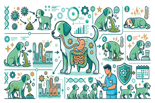 Educational canine parvovirus symptoms infographic explaining gastrointestinal infection, warning signs, diagnosis, supportive treatment, and vaccination benefits