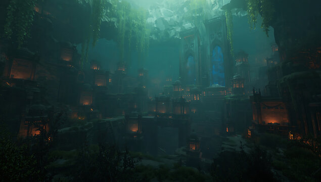 Mysterious fantasy kingdom ruins illuminated in dark cavern depths