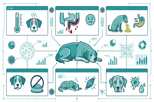 Flat vector canine parvovirus symptoms infographic featuring clinical signs, diagnosis, supportive care, prevention, and veterinary recommendations