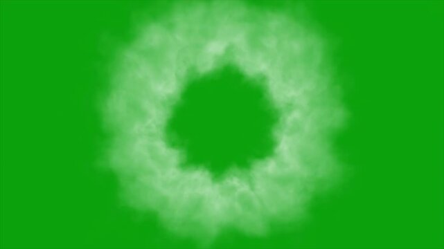 Circular smoke ring explosion on green screen, realistic vapor effect, chroma key visual effect, cinematic particle animation, transparent overlay, 4k video