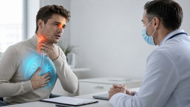 Man visiting doctor expresses pain in throat and chest with highlighted inflammation area. Concept of illness, respiratory infection, and medical consultation in a clinic office.