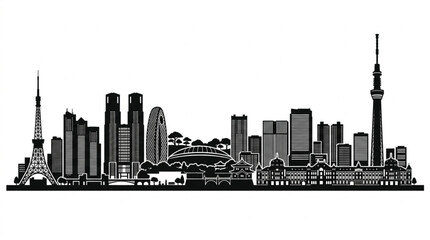Fototapeta premium Stylized black and white silhouette of a vibrant city skyline featuring iconic landmarks and modern skyscrapers against a clean white background, conveying urban energy