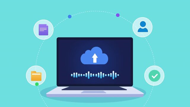Animated flat vector motion graphic featuring an AI cloud storage interface on a laptop with file upload, user, verification, and chatbot icons. Ideal for cloud computing, file management, and artific