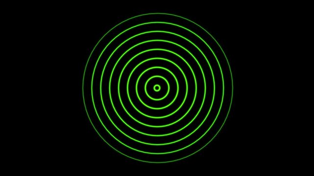 radio wave signal animated on black background. glowing digital circles expanding outward, bright frequency rings pulsing. electromagnetic wave motion, alpha channel seamless loop.