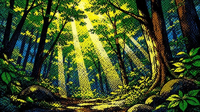 ポップアート調のタッチで描かれた、木々の間から木漏れ日が差し込む美しい森の小道のイラスト