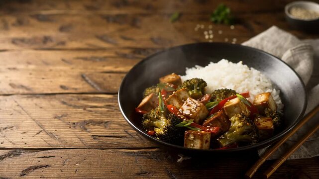Steaming bowl of healthy tofu stir fry with broccoli red peppers and sesame seeds