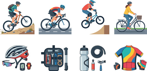 Obraz premium Set of Cycling Icons Featuring Cyclists Riding Bikes and Essential Biking Equipment and Gear