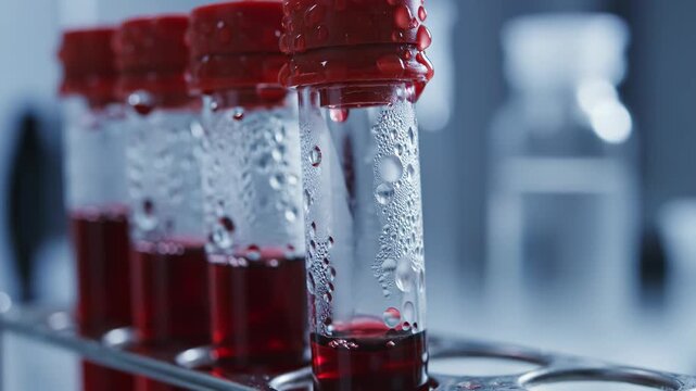 Close-up of glass blood sample tubes with red caps in a metal rack, featuring heavy condensation and water droplets on cold surfaces within a sterile clinical laboratory.