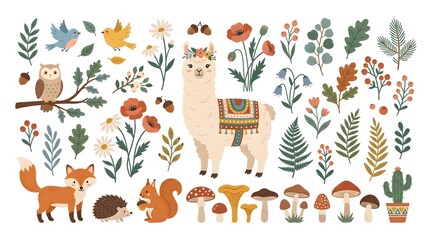 Naklejka premium Cute woodland animals vector set with deer, fox, owl, squirrel. Whimsical forest creatures and floral elements illustration for design, stickers, and patterns. Flat folk art style.