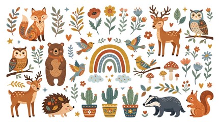 Fototapeta premium Cute woodland animals vector set with deer, fox, owl, squirrel. Whimsical forest creatures and floral elements illustration for design, stickers, and patterns. Flat folk art style.