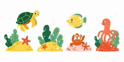 Sea turtle pufferfish octopus and coral reef vector illustration on white background © Asish