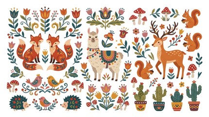 Obraz premium Cute woodland animals vector set with deer, fox, owl, squirrel. Whimsical forest creatures and floral elements illustration for design, stickers, and patterns. Flat folk art style.