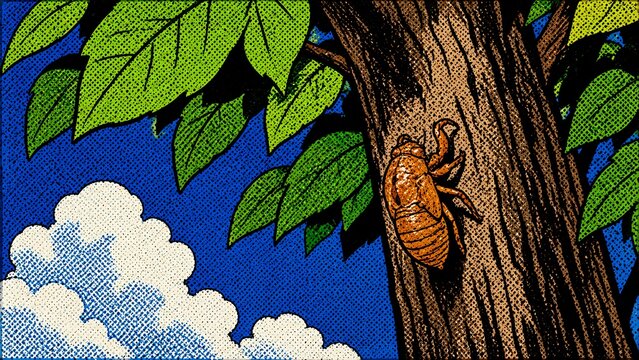 ポップアートスタイルで描かれた、夏の木に付着するセミの抜け殻と青空のイラスト