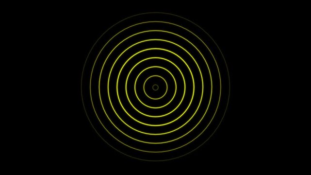 radio wave signal animated on black background. glowing digital circles expanding outward, bright frequency rings pulsing. electromagnetic wave motion, alpha channel seamless loop.