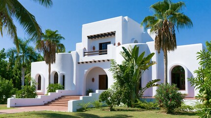 Fototapeta premium Growth opportunity in hybrid work lifestyle at this serene Mediterranean villa with lush tropical landscaping and bright natural light